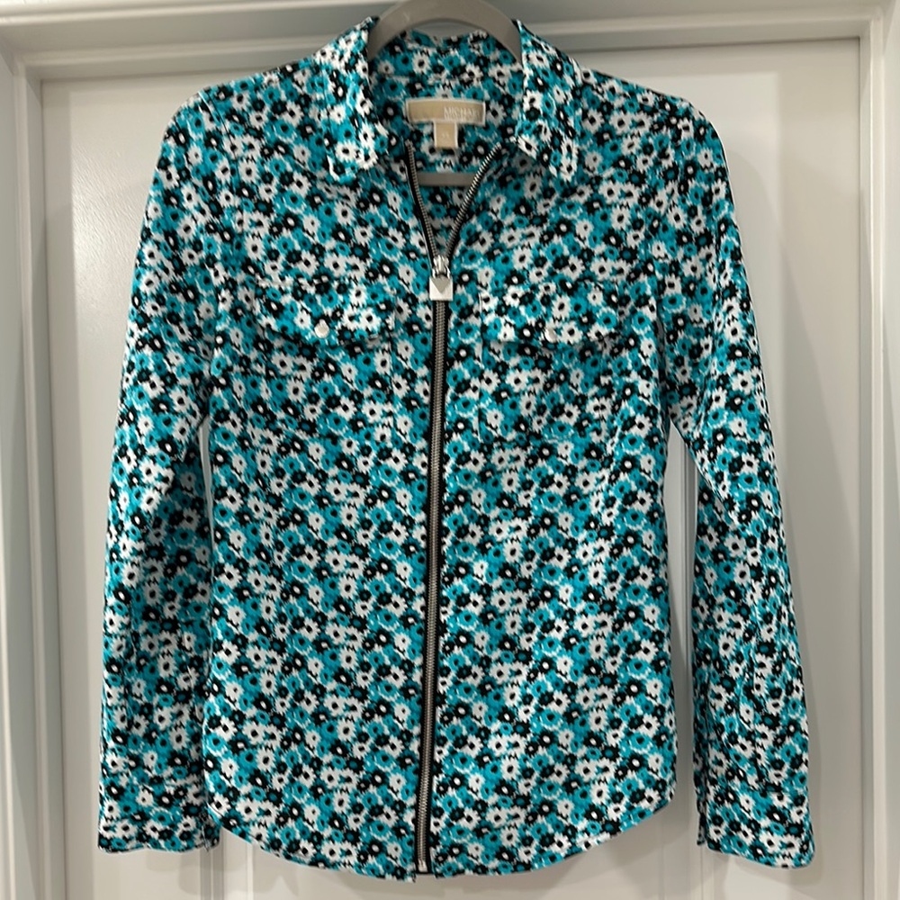 Michael Kors Teal and Black Floral Zip-Up
